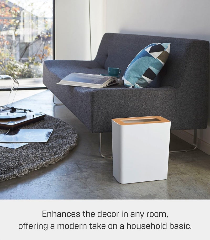 YAMAZAKI Home Rin Trash Can - Small Modern Home Wastebasket for Bathroom Kitchen Office - Steel + Wood - Image 2